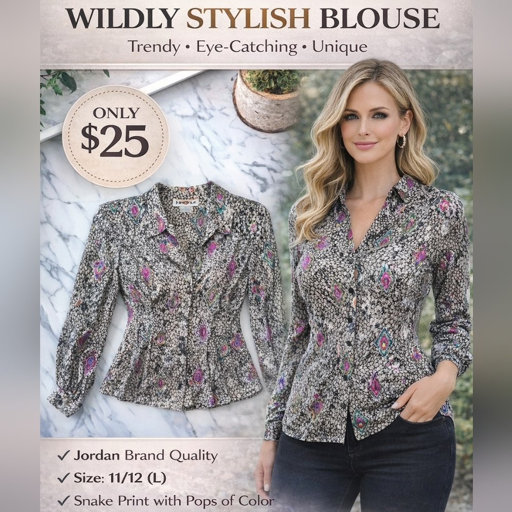 Jordan Women's Snake Skin Multi Color Long Sleeve Button Down Blouse Size 11/12
